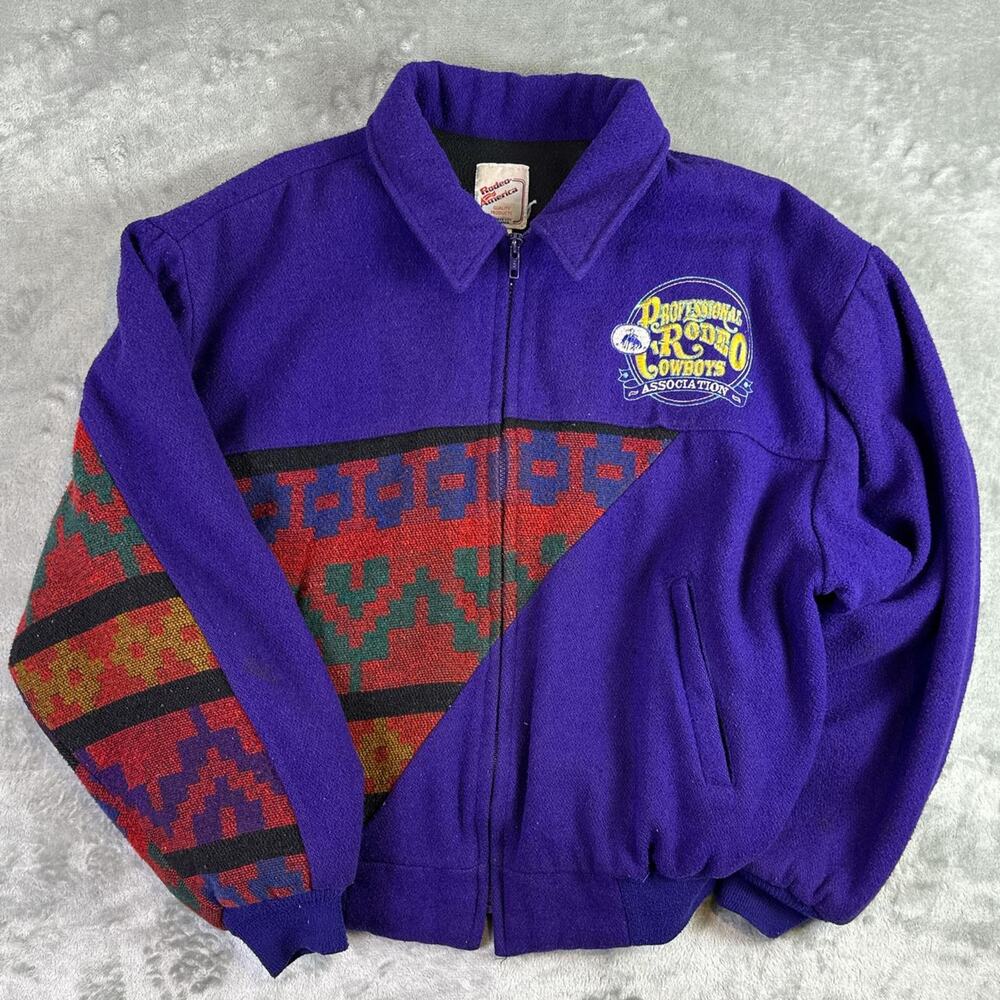 Vintage 90s Rodeo America Aztec wool purple bomber jacket size XL - Picture 2 of 8